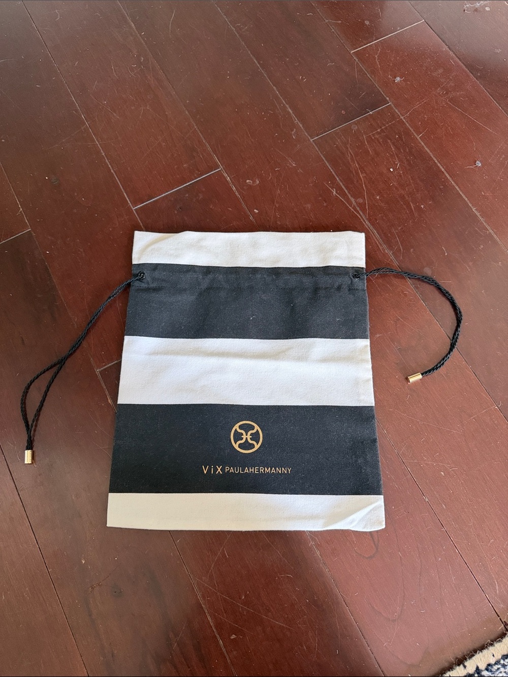 VIX Paula Hermanny Drawstring Logo Bag 11.5" x 14" Black & White Striped
